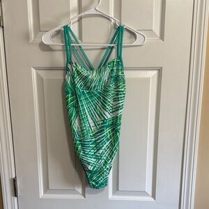 Speedo Green and Lime Palm-Pattern One-Piece Swimsuit